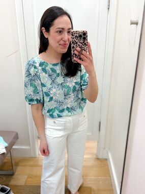 LOFT Light Blue Floral Short Sleeve Blouse with Green Leaves